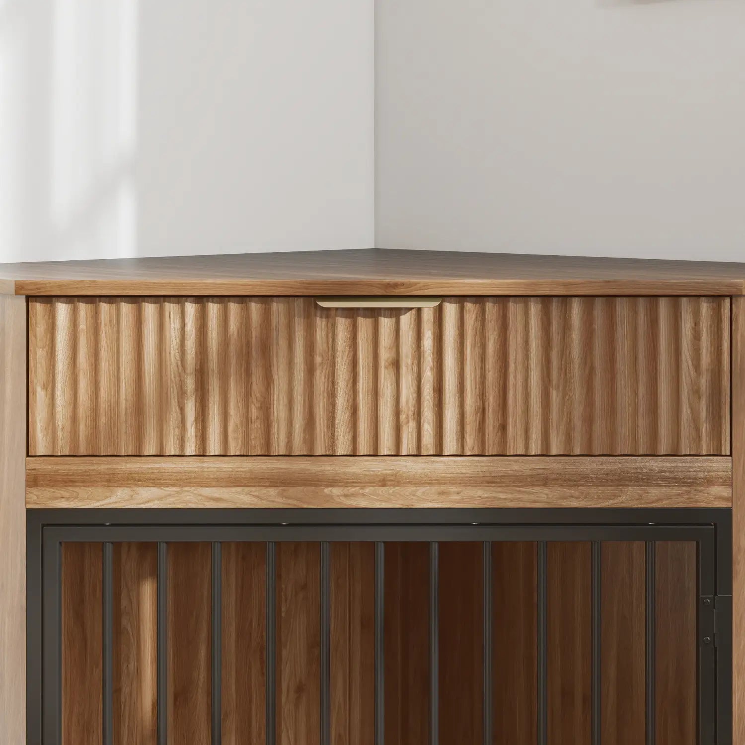 a modern wooden corner dog crate furniture with a fluted ribbed storage drawer and a dark metal-framed lower section