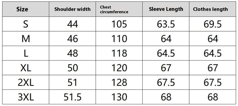 Tabla de tallas para una blusa/camiseta de mujer que muestra medidas en pulgadas para las tallas de S a 3XL, junto con una chaqueta de invierno de forro polar de PU para hombre con capucha de cuero sintético tipo piel.