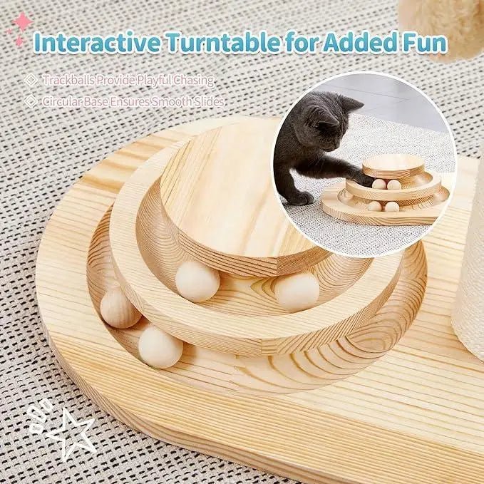 Light-colored wooden mushroom cat scratching post with interactive turntable featuring concentric circular tracks and small spherical trackballs.