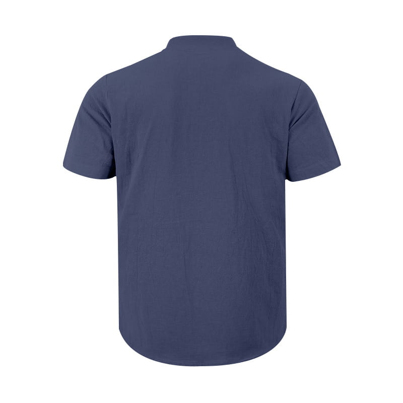 Herren-Navyblaues Leinenhemd im lässigen Stil mit kurzem Ärmel mit Knopfleiste vorne, entworfen für bequemes tägliches Tragen