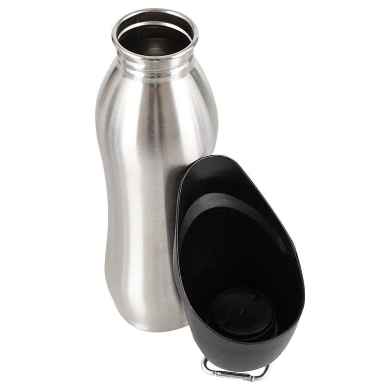 Silver stainless steel portable dog water bottle with black plastic bowl attachment for pet hydration on the go.