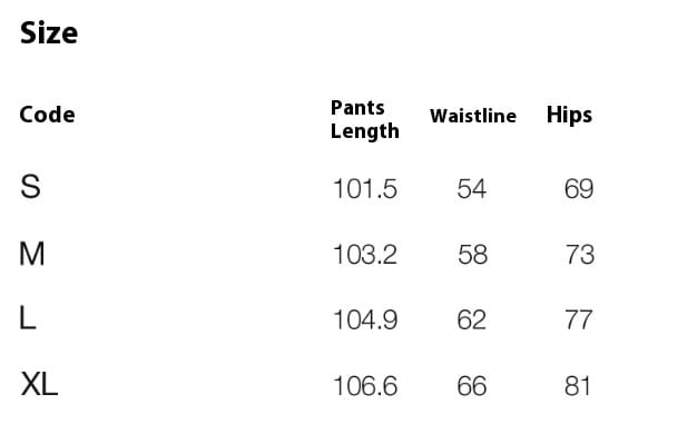 Tableau des tailles pour des leggings de yoga évasés taille haute avec des bandes latérales, indiquant les mesures en pouces pour les tailles petite à grande taille.