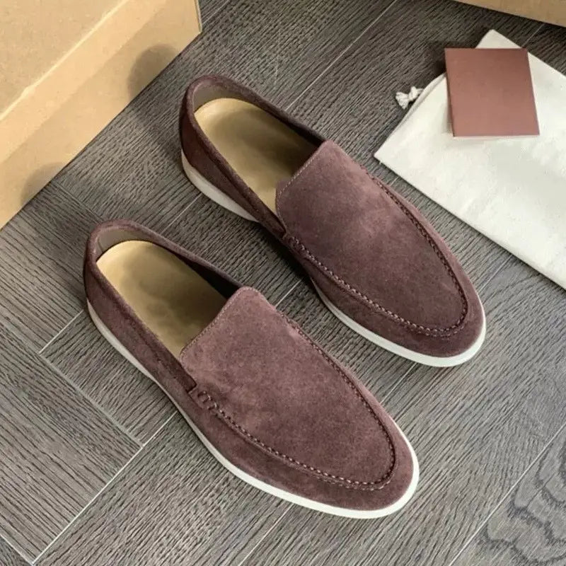 men’s suede summer loafers in brown with white rubber soles and contrasting stitching flat casual slip on shoes