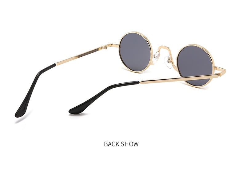 Gold-toned retro round hip hop sunglasses with black temple arms and dark gray mirrored lenses.