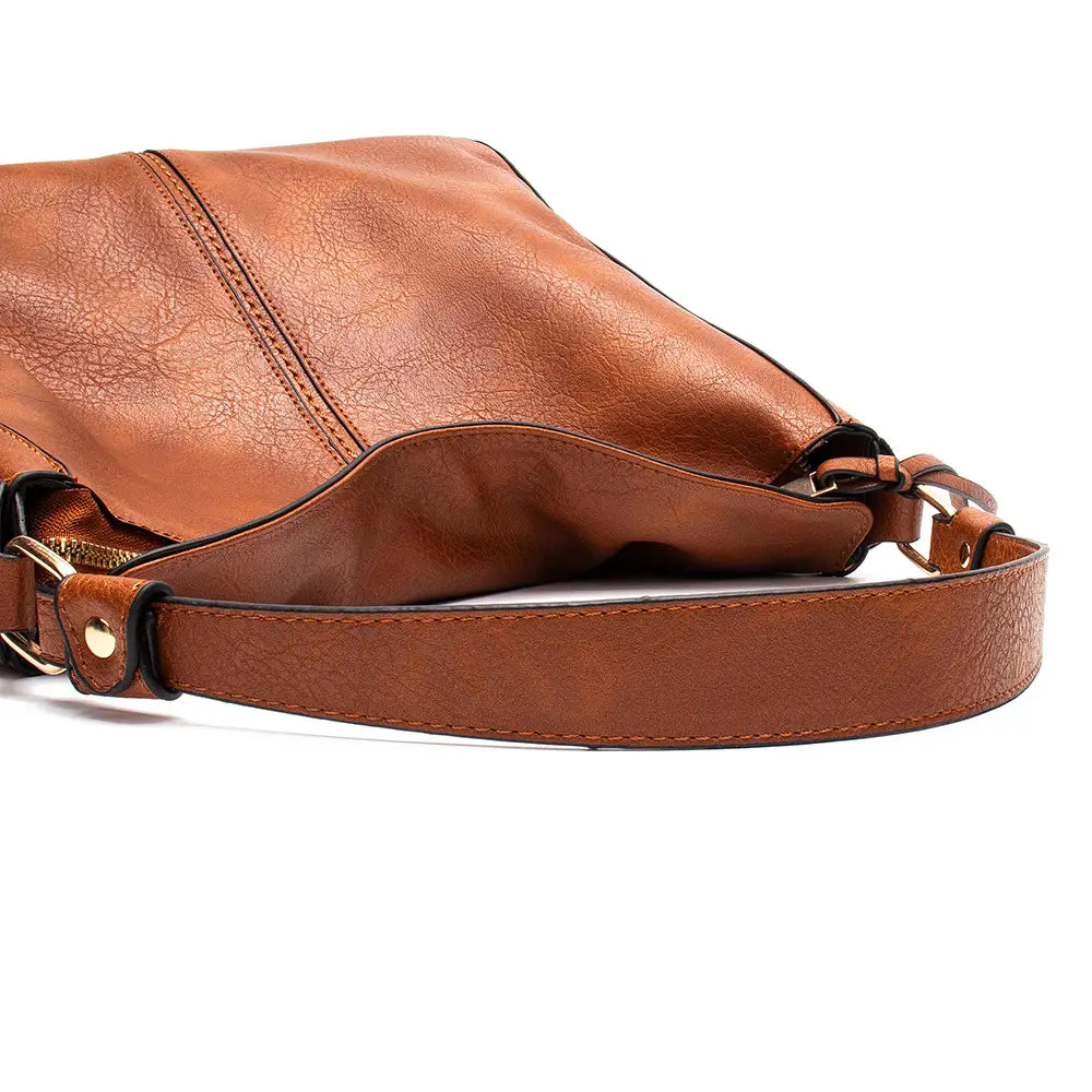 Premium brown leather hobo crossbody bag with textured surface and contrasting black stitching along the seams.