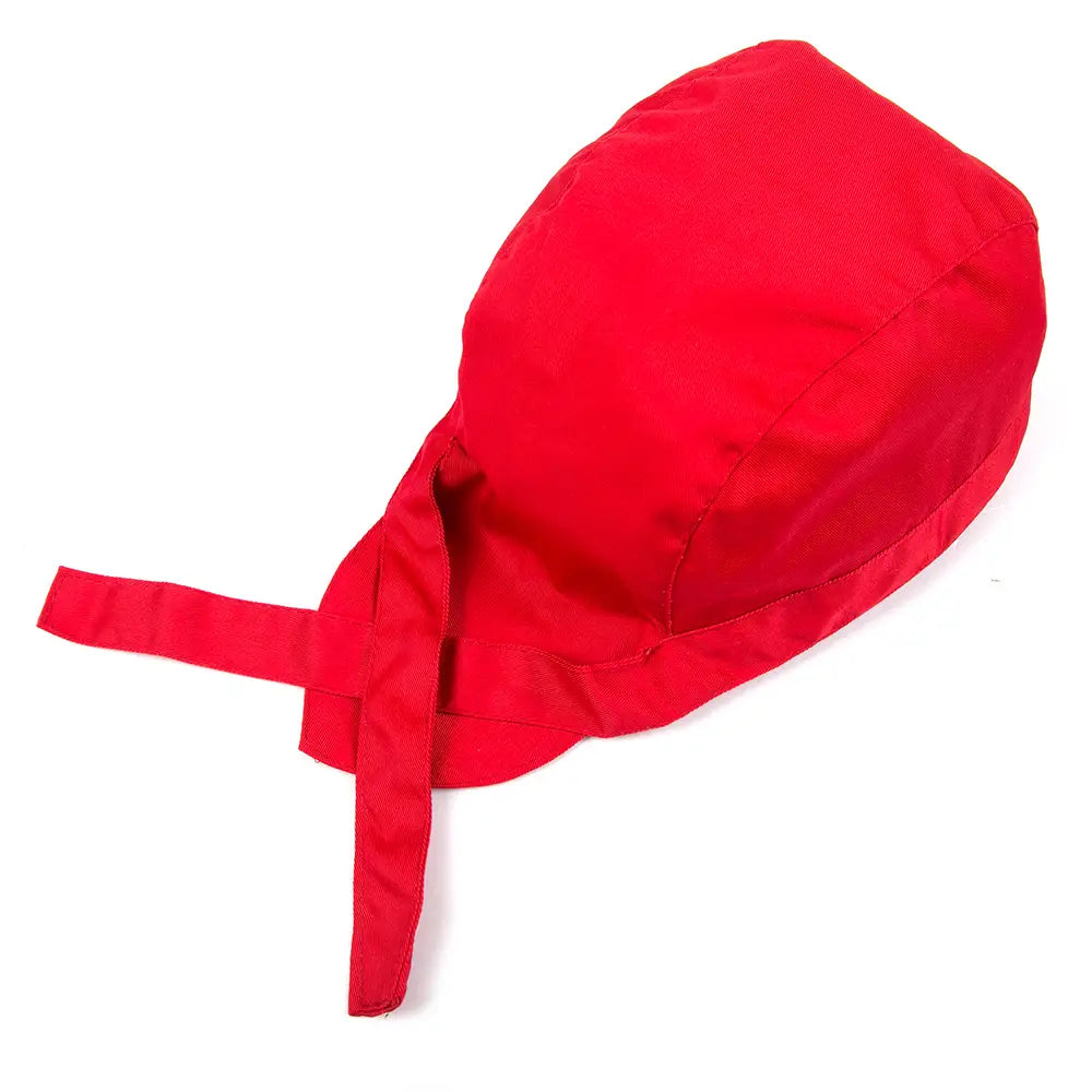 bright red soft fabric chef hat with adjustable ties shown from the back side designed for kitchen work use