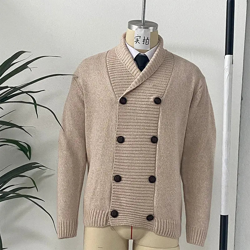Men’s double-breasted knit cardigan in beige with dark brown buttons and ribbed detailing.