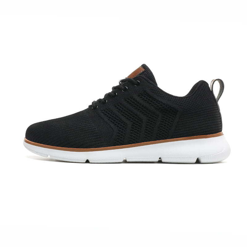 black mesh sneaker for men with brown accents and a white rubber sole designed for casual flying woven shoes