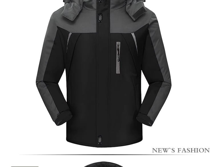 Dicht gefütterter Wintermantel aus Fleecestoff in Schwarz und Grau mit wasserdichtem Zweifarben-Design, abnehmbarer Kapuze, Reißverschluss-Brusttasche und verstärkten Nähten.