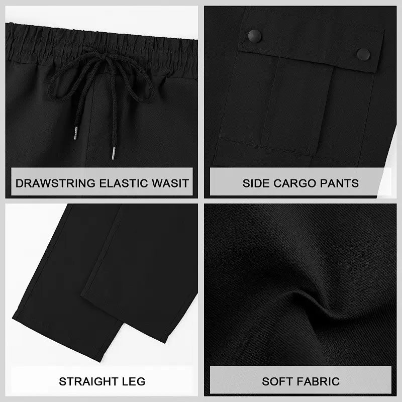 Mens straight leg cargo work pants in black featuring a drawstring elastic waist, straight legs, and soft fabric for comfort and durability.