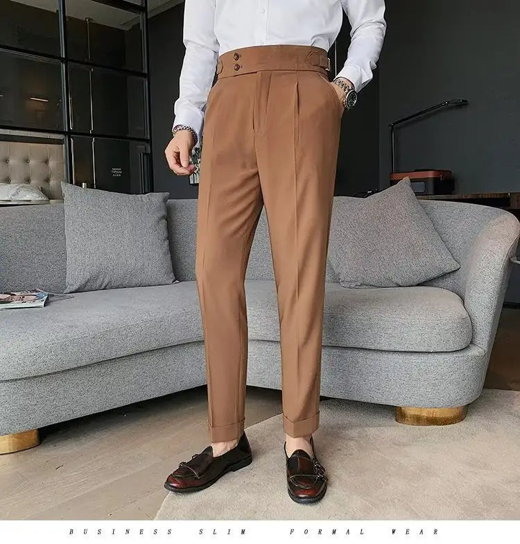 Brown slim-fit formal trousers featuring a high waist and pleated front in Korean style for men.
