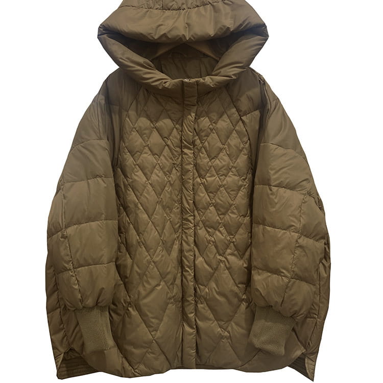 Olive green quilted white duck down puffer jacket with a diamond pattern hood and ribbed cuffs designed as a loose hooded winter coat.