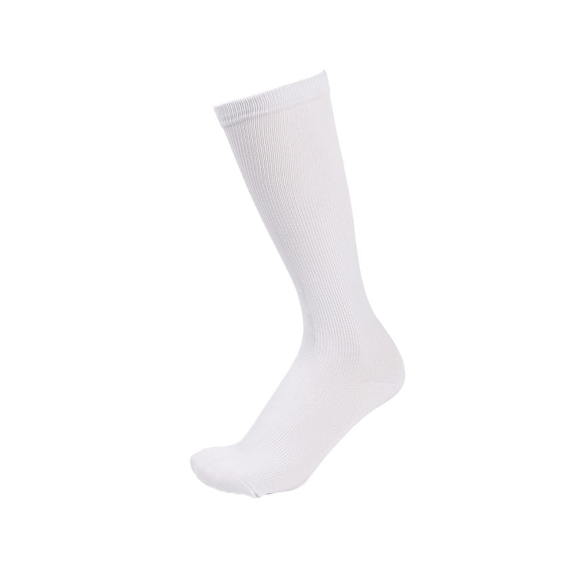 athletic compression knee high sock in white ribbed knit with a smooth seamless design.