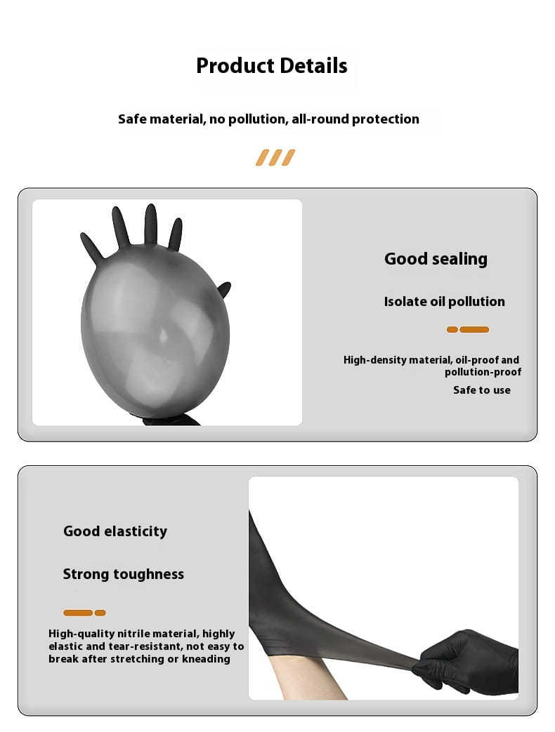 A sleek black high-density nitrile disposable glove with a glossy finish and reinforced fingertips shown from the back side in a 100 pack.