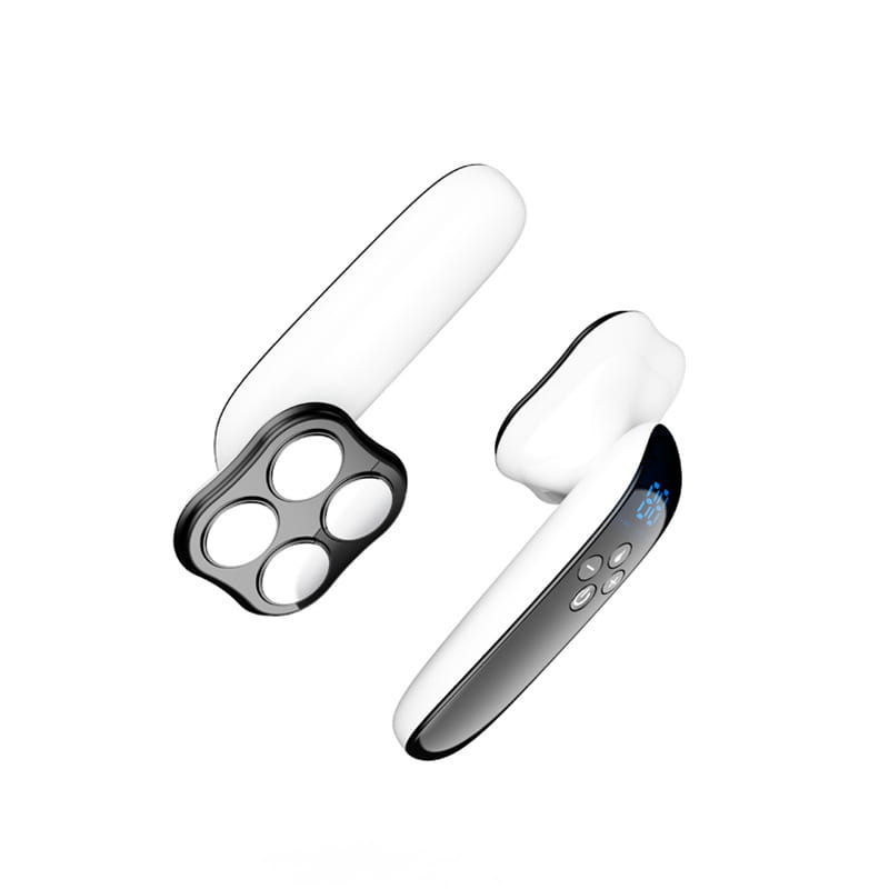 white and black wireless earbuds with a sleek ergonomic design featuring touch controls and an illuminated display for use with a portable infrared led slimming and facial beauty device
