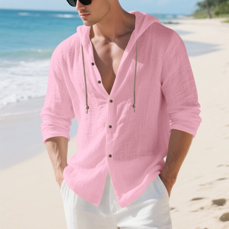 Men linen hooded cardigan shirt in light pink long-sleeved button-up design made of lightweight fabric.