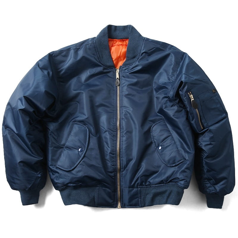Men’s pilot cotton bomber jacket in navy blue featuring orange lining and silver zipper accents.