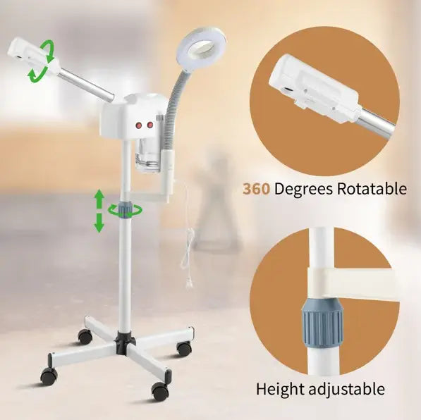 Vaporisateur facial professionnel blanc avec lampe de grossissement 3×, doté d’un support réglable avec bras pivotants et réglables en hauteur, ainsi que d’un embout vapeur pour les soins spa.