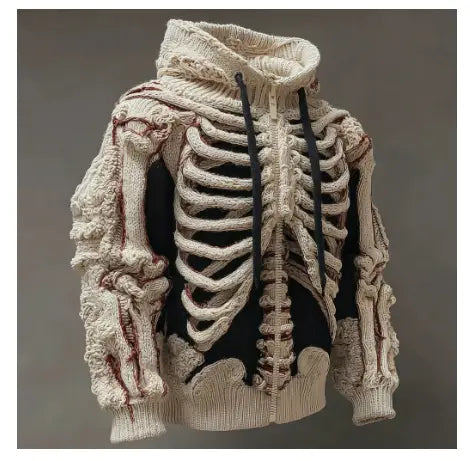 Herrenhoodie aus cremefarbenem Strick mit einem detaillierten 3D-Skelettknochenmuster mit Rippenkorb- und Arm-Designs aus passendem Garn.