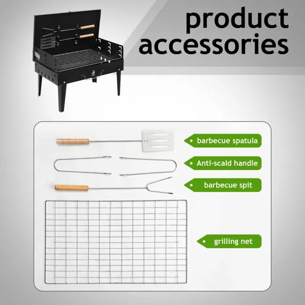 Black portable charcoal grill 44cm folding square bbq steel with wooden-handled utensils and metal grilling net included.