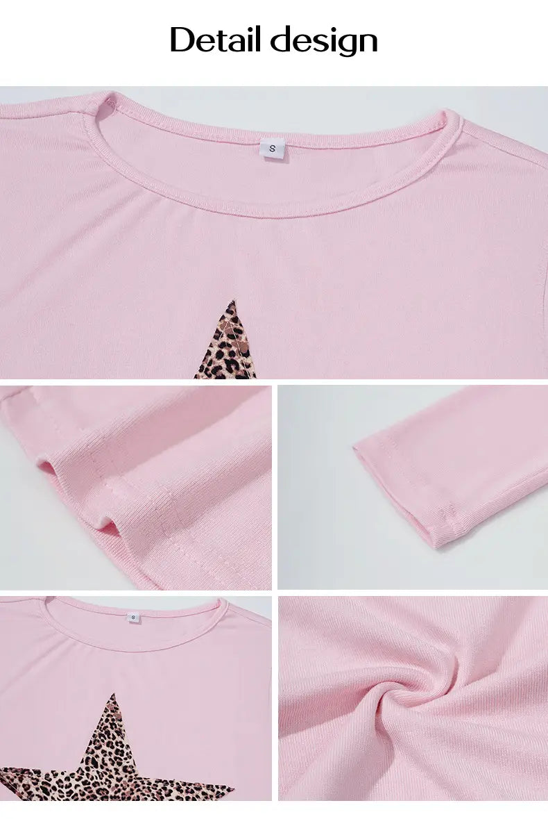 Pink long-sleeved crop top featuring a leopard-print star design on the front made from soft fabric.