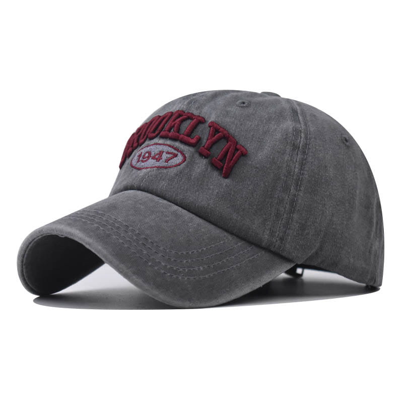 Gray cotton baseball hat featuring a maroon embroidered brooklyn 1947 logo titled Brooklyn Embroidered Cotton Baseball Hat.