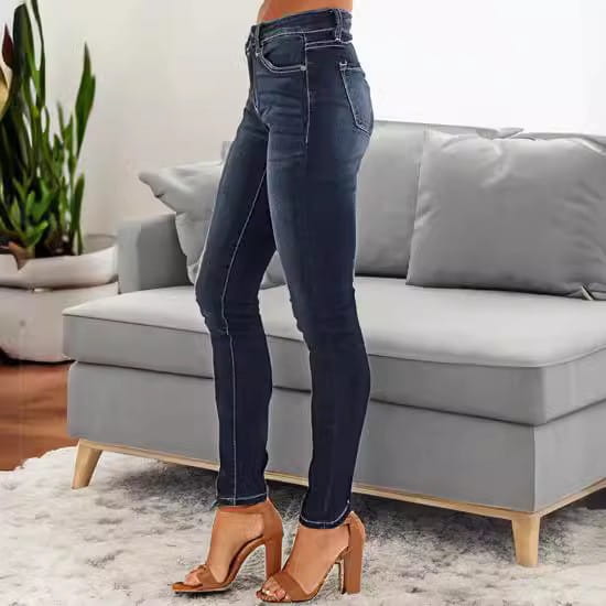 Dark blue high-waisted stretch skinny jeans for women featuring a classic five-pocket design and subtle stitching details.