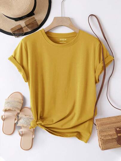 mustard yellow velvet short sleeve casual tee with rolled cuffs and front knot detail suitable for casual wear