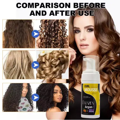 a white and yellow bottle of inviv argan curl mousse with a pump dispenser designed for strong hold hair styling foam