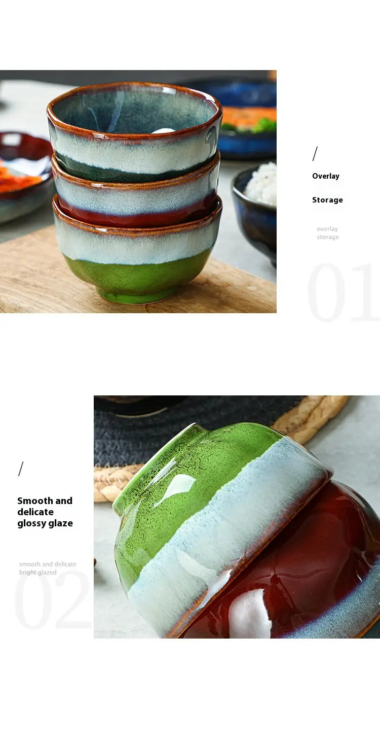 stacked ceramic bowls from the ceramic tableware set scalloped fambe diamond dishes featuring glossy layered glazes in green white and red.