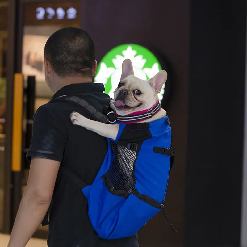 blue dog backpack with black straps and mesh side panels designed as a breathable pet carrier for comfortable transport