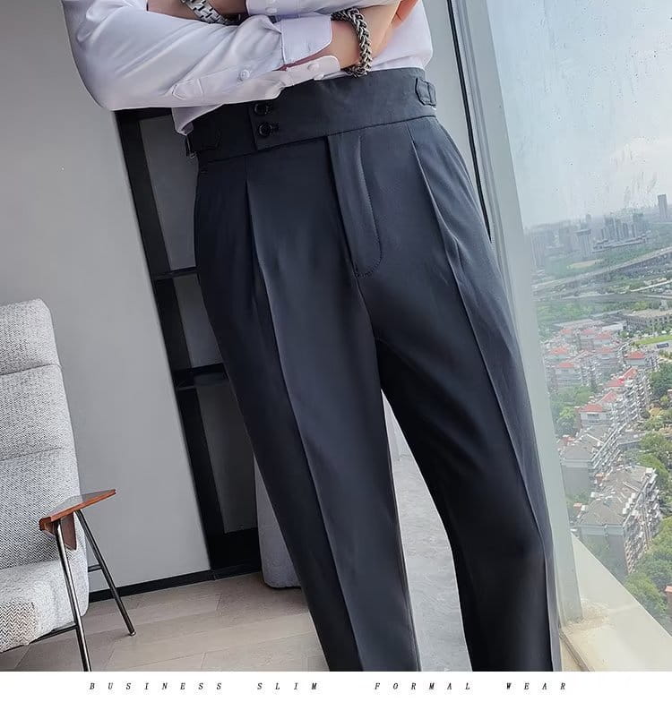 Dark gray slim-fit business trousers with a high waist and pleated front designed in Korean style for men.