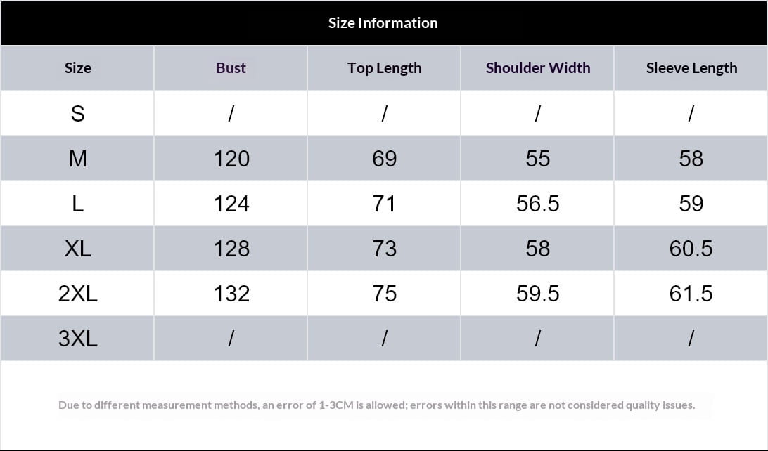 Size information table in centimeters for men’s faux leather bomber jacket relaxed fit outerwear displaying measurements across sizes s through 3xl.