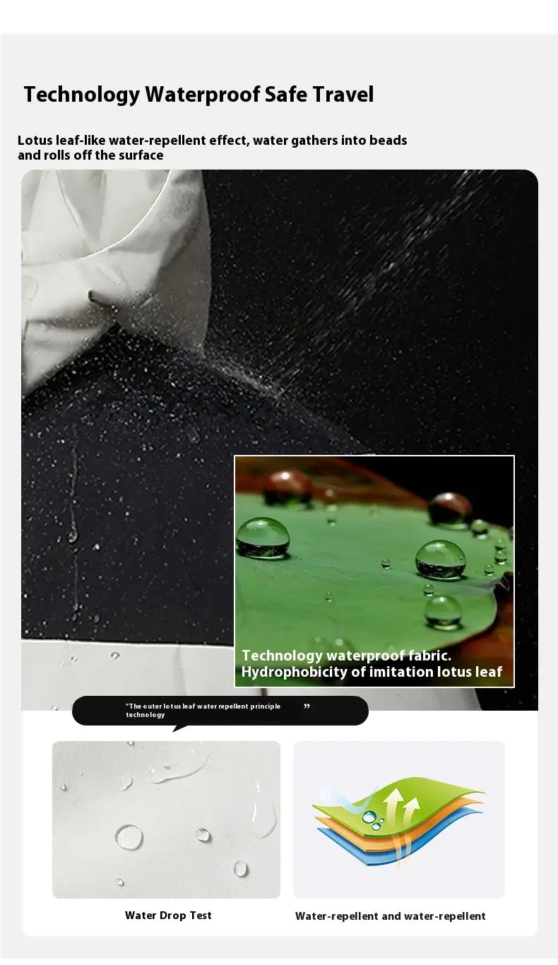 Waterproof thermal winter puffer jacket made of black technology waterproof fabric featuring a lotus leaf water-repellent effect with droplets beading and rolling off the surface.