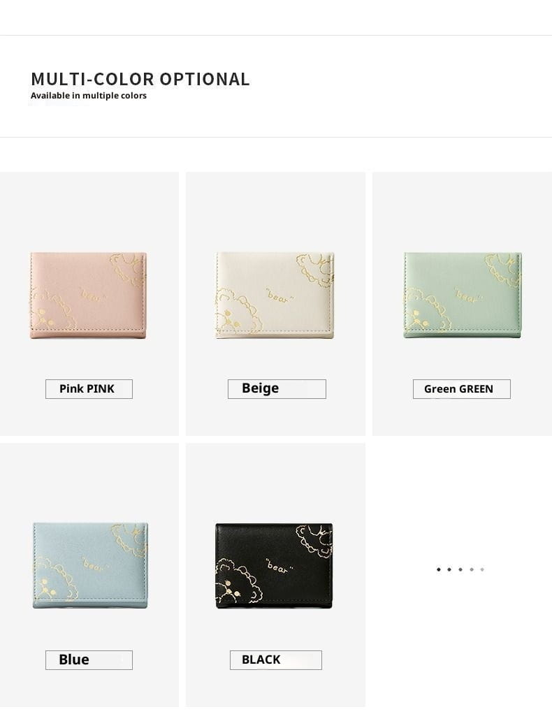 Women’s small cat print folding leather wallet in soft pastel with subtle gold foil floral and cloud patterns on smooth faux leather surface.