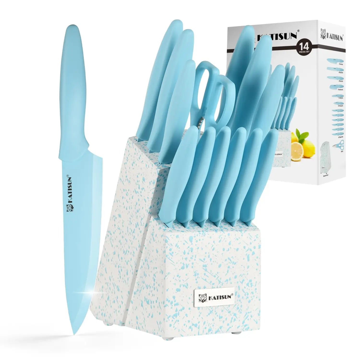 Light blue ceramic-handled 14 piece stainless steel knife set displayed in a speckled white and light blue block.