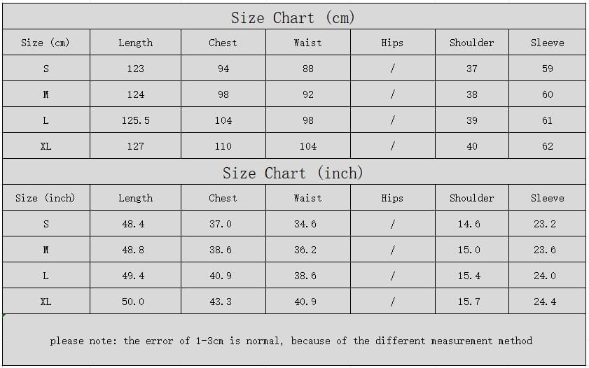 Size chart for women’s long sleeve tiered button down midi dress showing measurements in centimeters and inches for sizes s through xl.