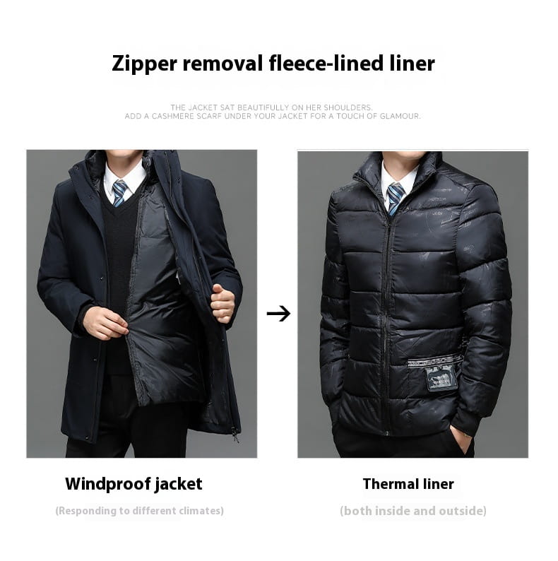Chaqueta de invierno negra con capucha que presenta un diseño acolchado, estilo chaqueta acolchada negra, y un forro desmontable tipo forro polar con forro interior forrado de fleece para aislamiento térmico.