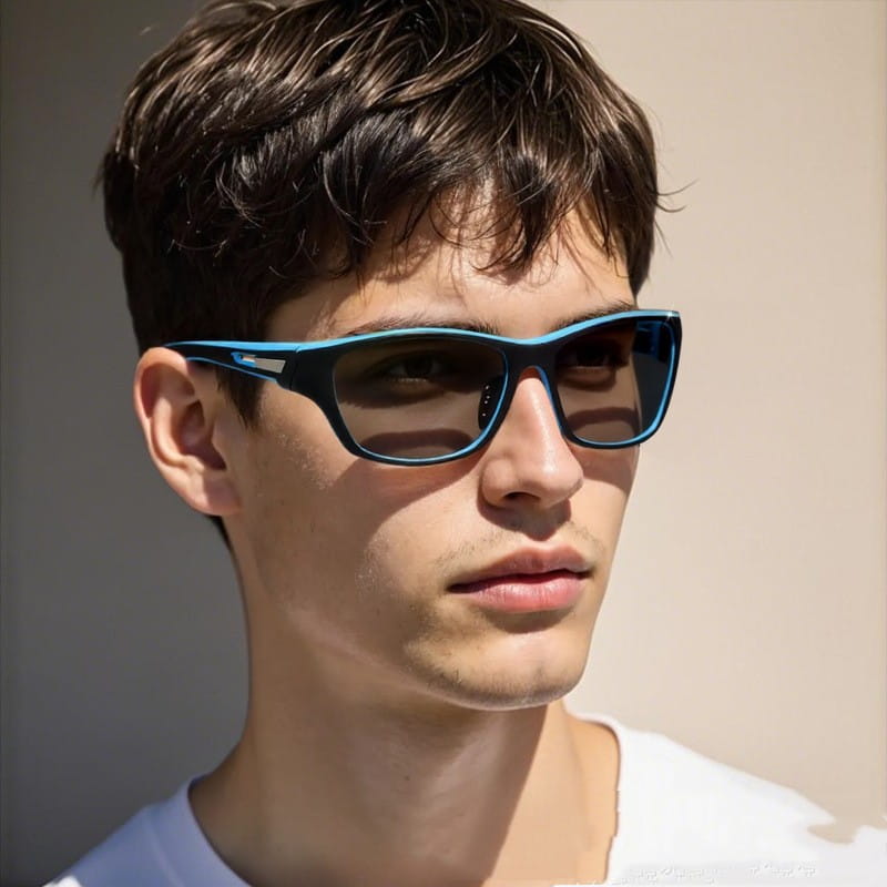 Ein Mann, der polarisierte ovale Tarnung und verspiegelte Sportsonnenbrille für Herren mit blauen Rahmen und dunklen Gläsern trägt.