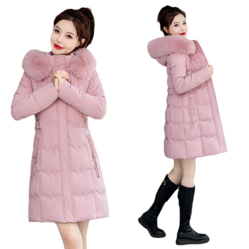 pink quilted winter coat with a fluffy fur-lined hood designed for warmth and style.