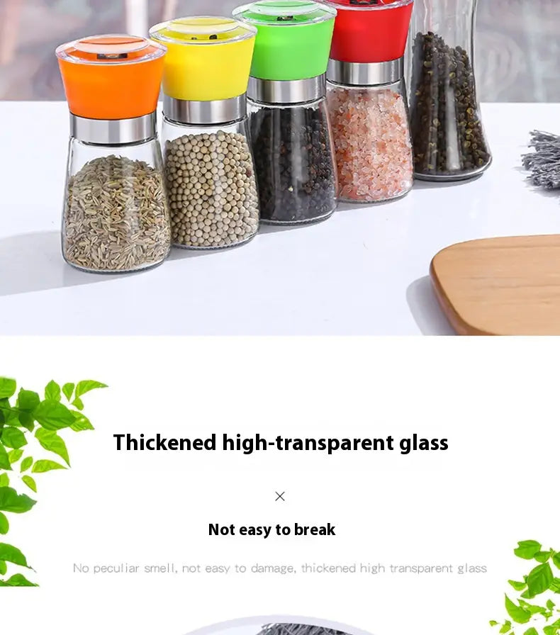 Lot de cinq moulins à poivre et à sel en verre coloré avec des dessus en acier inoxydable, conçus pour un usage en cuisine, dans un ensemble de moulins à poivre en acier inoxydable et en verre, pack de 4.
