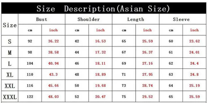Asiatische Größentabelle für Kleidung mit detaillierten Maßen von Brust, Schulter, Länge und Ärmeln in beiden Einheiten (cm und Zoll) für Größen von S bis XXXL für einen Lil-Peep-Grafikdruck-Pullover mit Kapuze