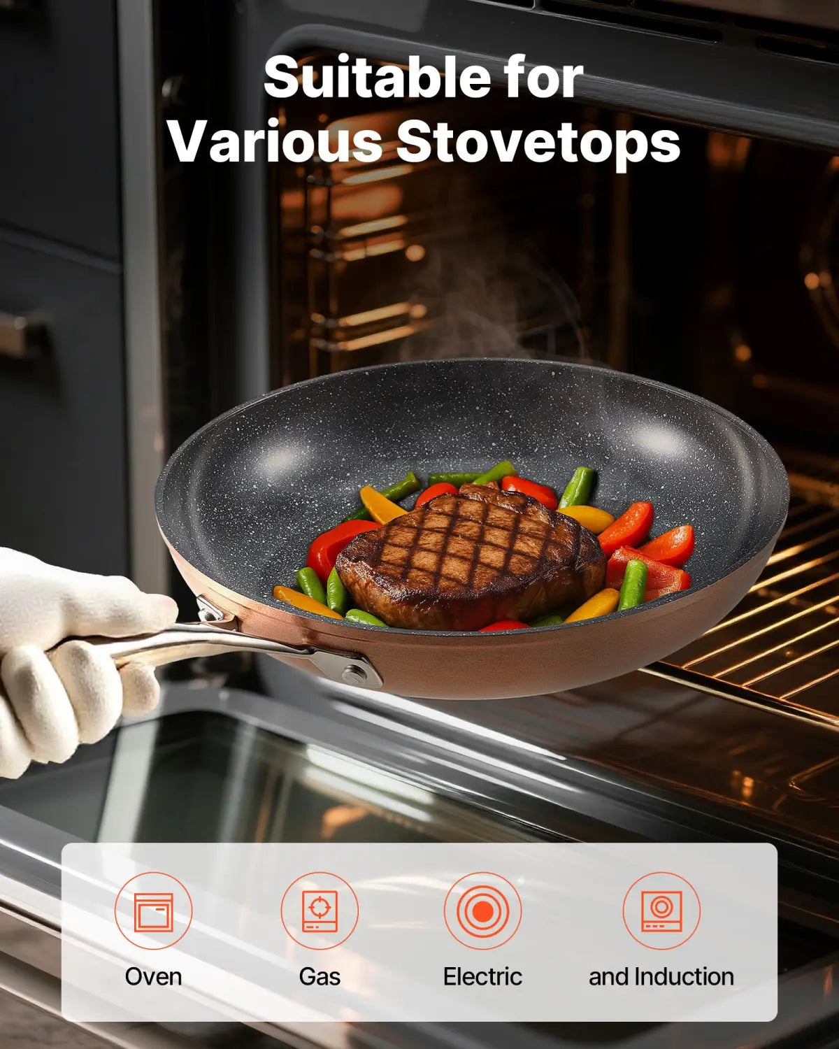 Black nonstick ceramic frying pan with speckled interior and copper-colored handle suitable for ovens gas stoves electric ranges and induction cooktops part of a 3-piece set with handles.