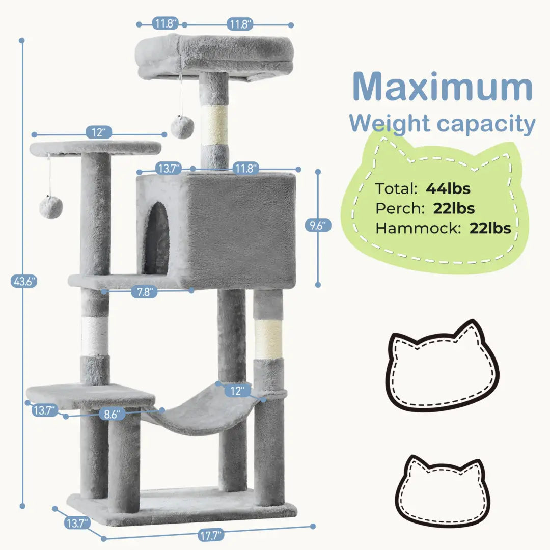 Gray plush 44 inch multi-level cat tree tower with sisal scratching posts and a hammock for cats.