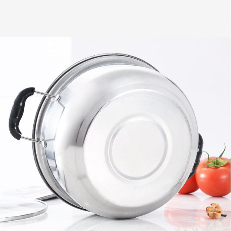 Shiny stainless steel double-layered steamer pot with black plastic handles from a five-piece stainless steel induction cookware set.