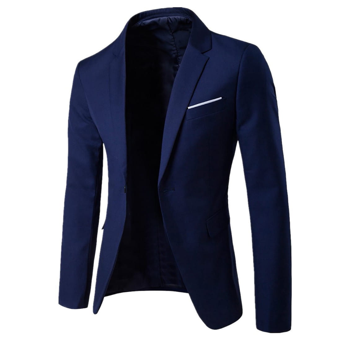 Herren Slim-Fit-Casual-Blazer in Marineblau mit modernem Schnitt und dezentem weißem Zierbesatz am Taschenklappen, geeignet für formelle und semi-formelle Anlässe.