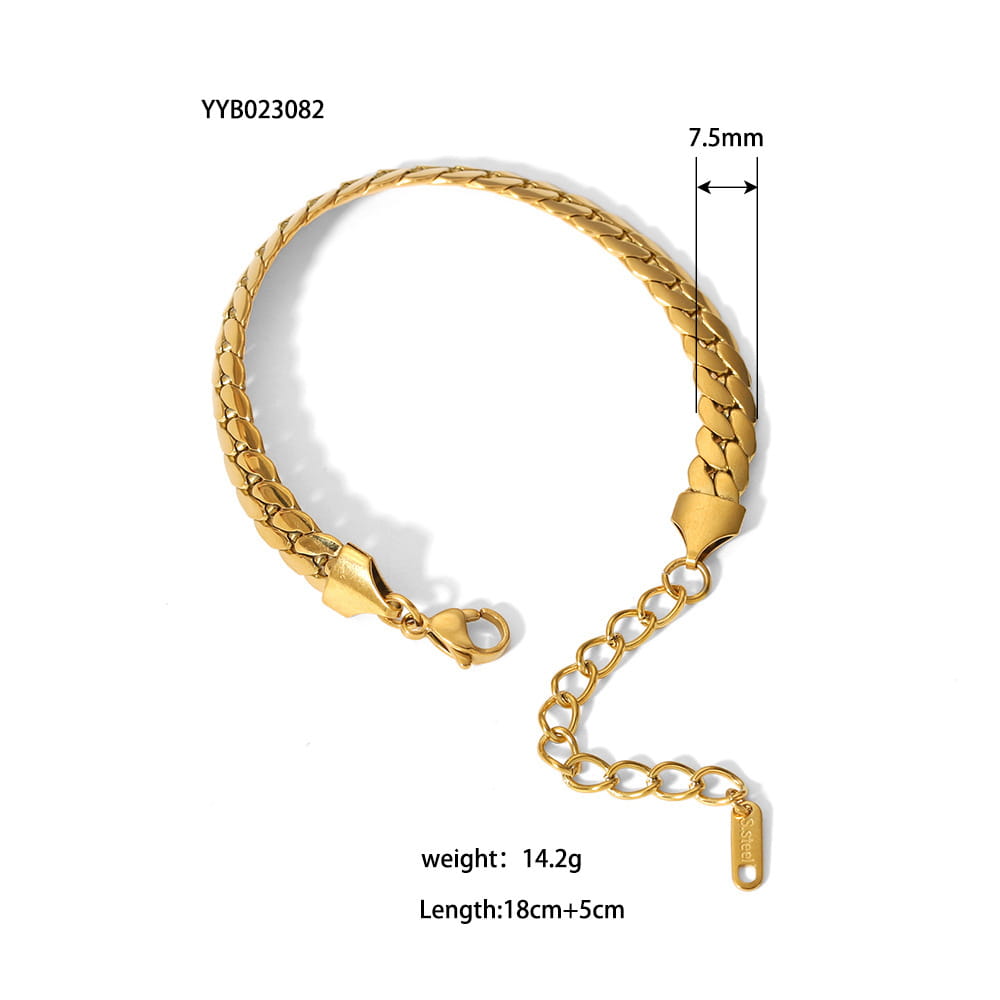 18k gold pvd plated stainless steel chain link bracelet featuring a gold-toned braided design with a lobster clasp and adjustable extension chain.