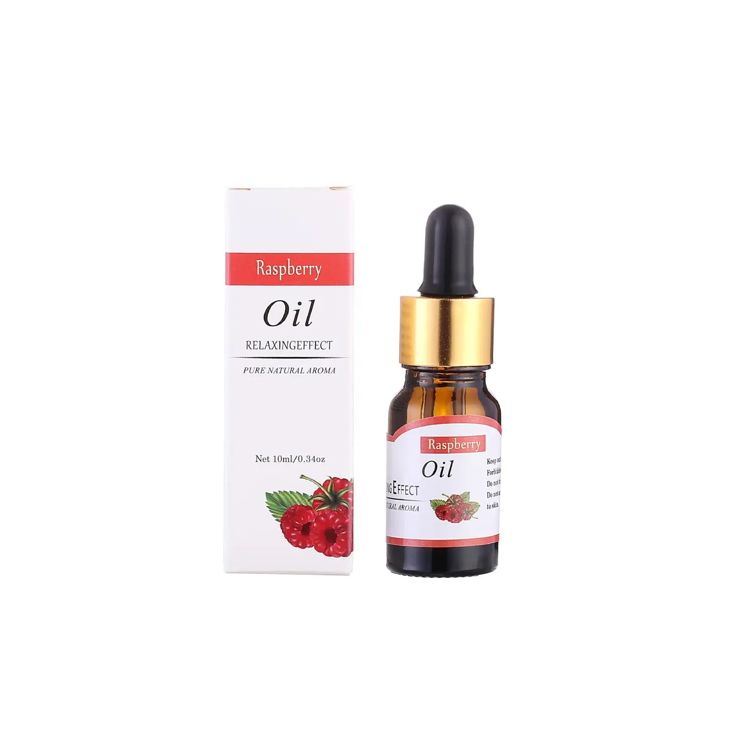 himbeerduftendes frisches ätherisches Öl, 10 ml Aromatherapie-Pipetten-Set, in einer dunklen bernsteinfarbenen Glasflasche mit goldtöniger Pipettenkappe und schwarzem Gummibalg, neben einer weißen rechteckigen Verpackung.