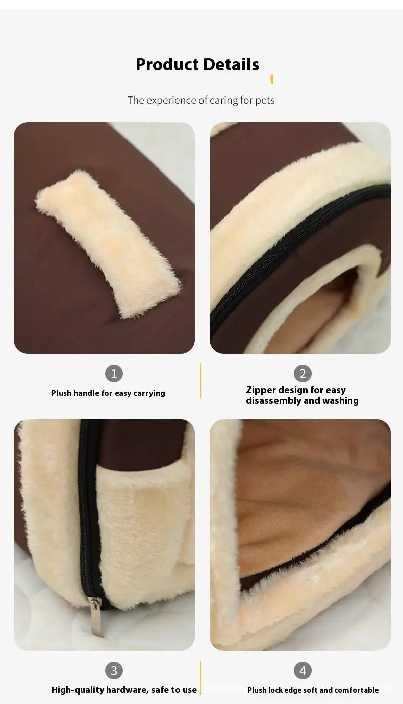 Cama portátil para mascotas, suave y tipo peluche, para gatos y perros, en color marrón y crema, con interior de felpa suave, cierre para facilitar la limpieza y un asa acolchada.
