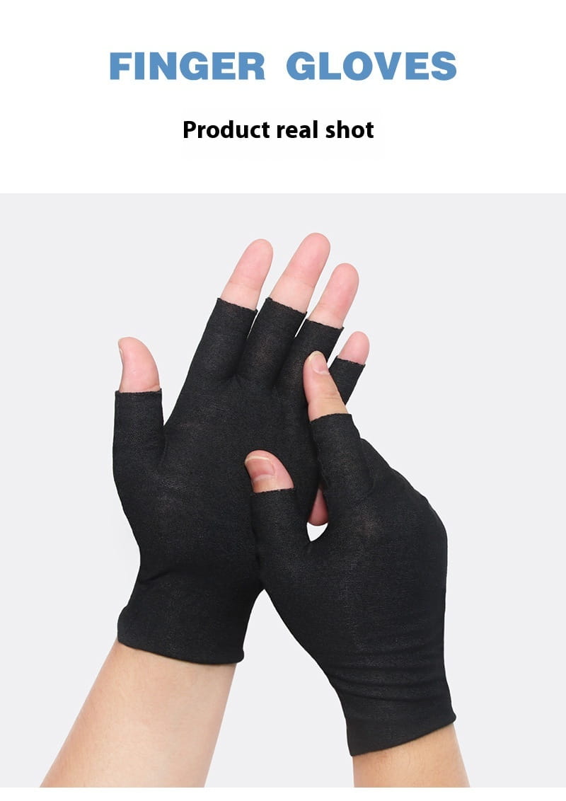 Schwarze Fingerlose Handschuhe aus elastischem Material, von der Rückseite gezeigt, so gestaltet, dass Hände und Handgelenke bedeckt werden, während die Finger freiliegen.